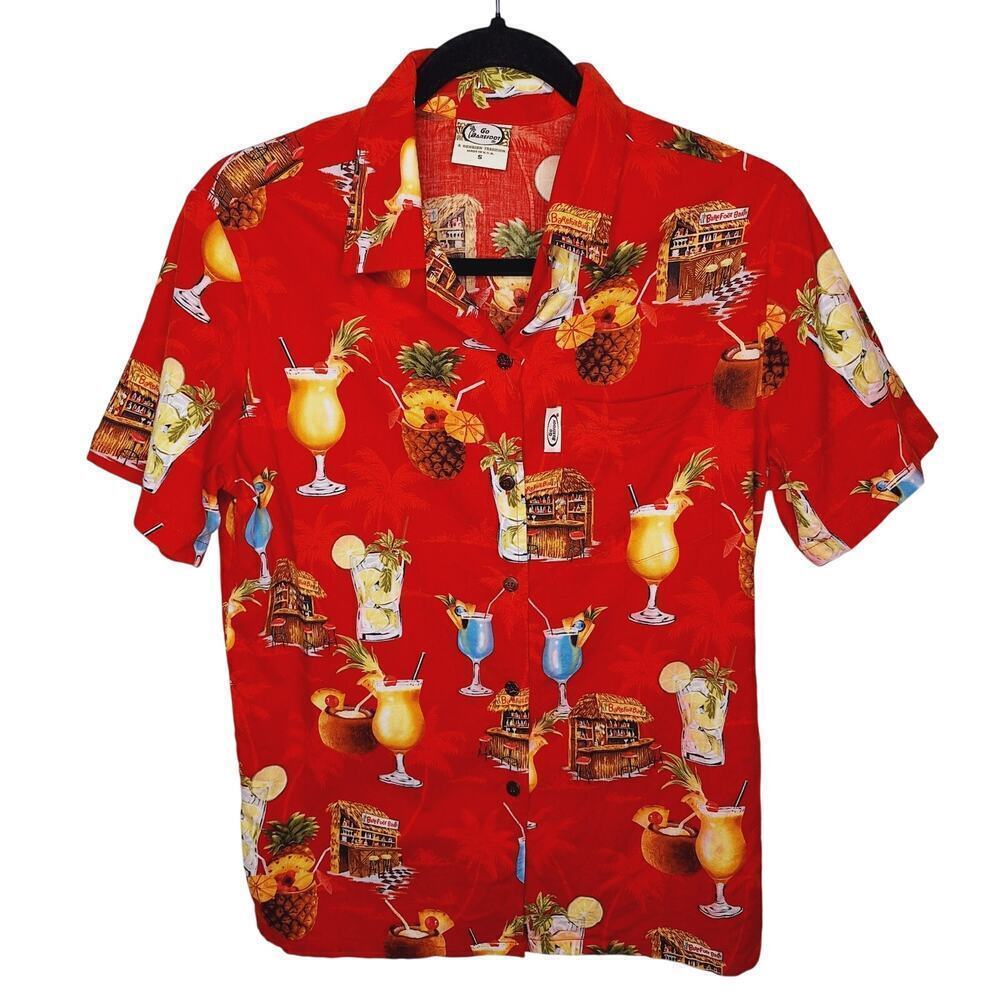VTG 90s Go Barefoot Aloha Camp Shirt Hawaiian Women S Tiki Cocktails Pina Colada